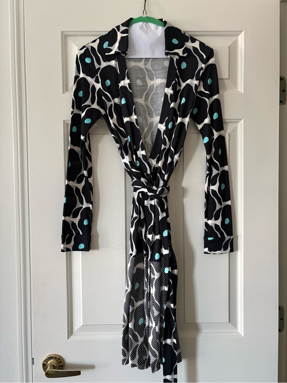 Diane Von Furstenberg Black and Teal Long Sleeve Wrap Dress